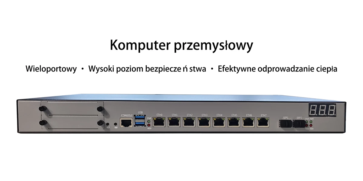 Przemysłowy komputer PC ChangFan 946-8L2S (montaż w szafie rack 1U) – 8 portów 2,5GbE RJ45 i 2 porty 10G SFP+; wydajny soft-router i urządzenie do zabezpieczeń sieciowych.